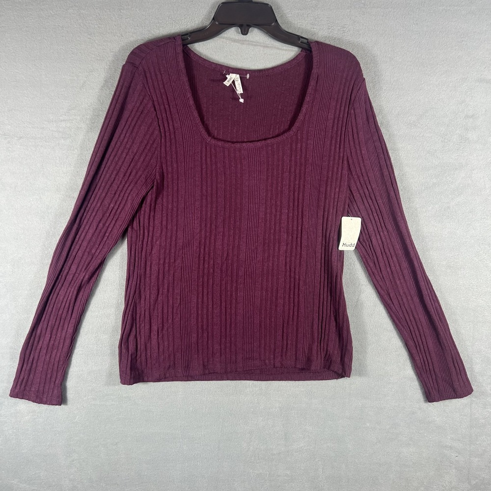 Mudd Women's XXL Purple Ribbed Knit Long Sleeve Square Neck Baby Tee‎ Top NWT
